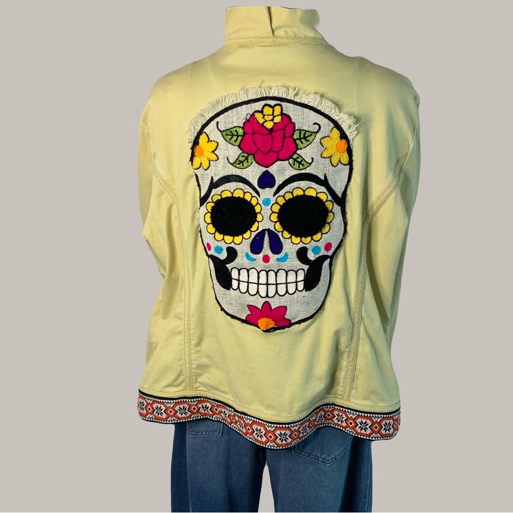 Colorful Upcycled Yellow Jacket with Large Skull Embellishments
